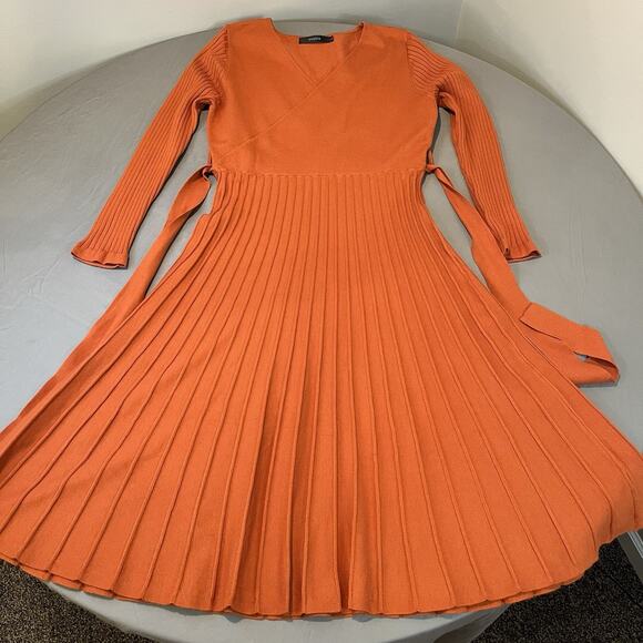 Zesica Orange L Ribbed Thick Knit Ribbed A Line Midi Sweater Tie Dress Office - Picture 5 of 11